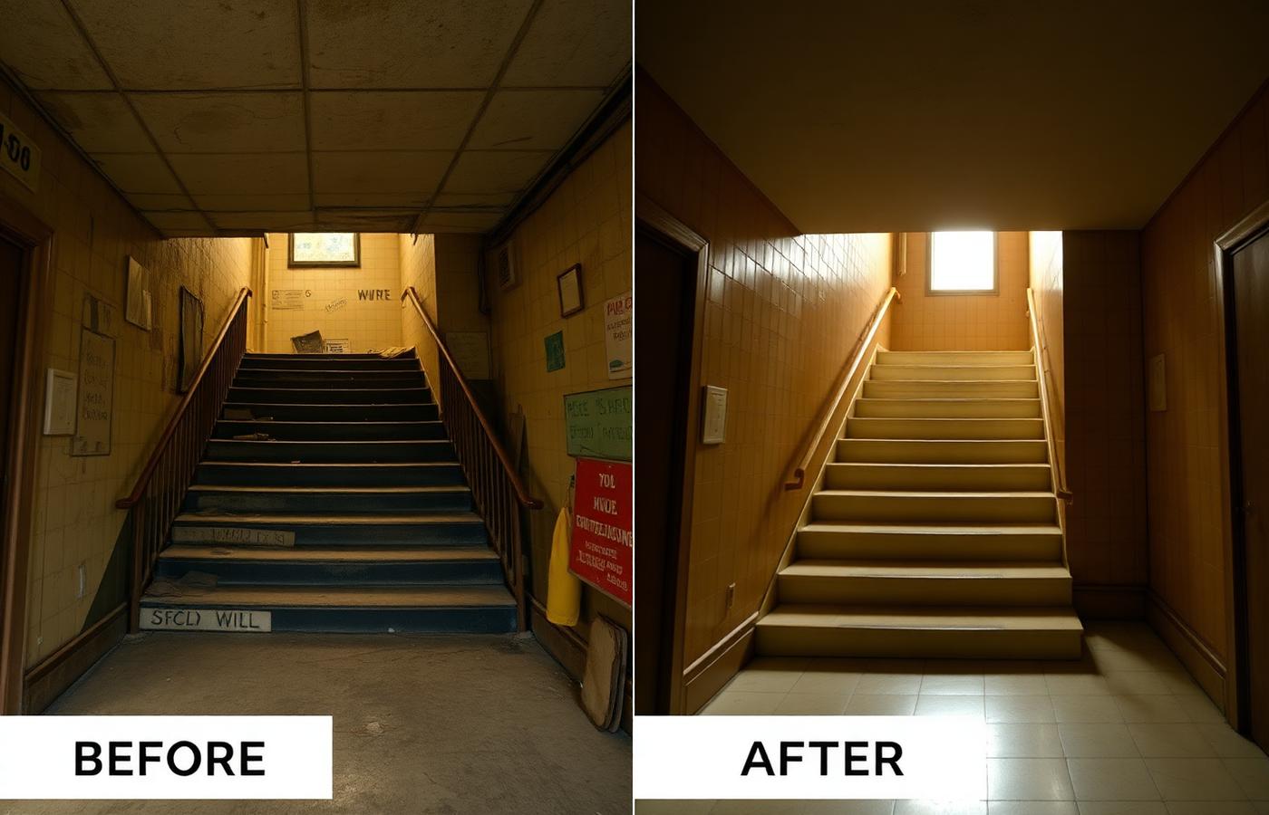 Communal Stairwell Refresh — before and after cleaning by SS Cleaning Solutions Wales